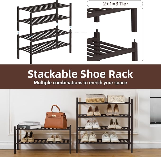 4 Tier Bamboo Shoe Rack Storage Organizer for Closet, Multifunctional Stackable Free Standing Shoe Shelf Organizer for Small Space,Entryway, Hallway, Bathroom27 x11 x26 (Brown, 4 Tier)-NeatNest