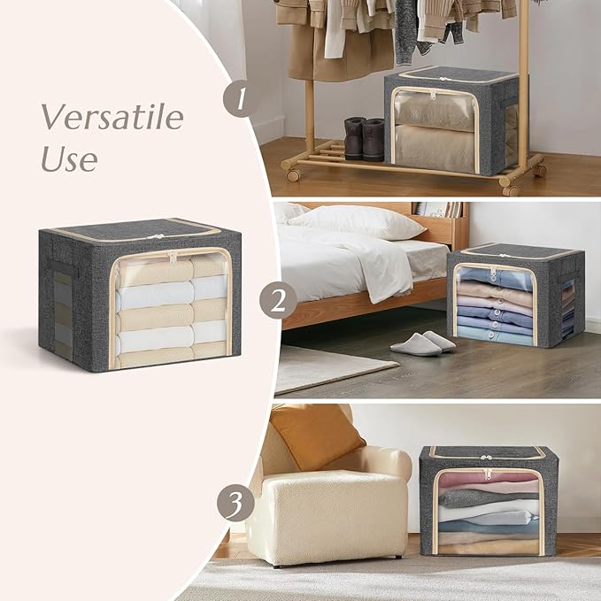 6-Pack Clothes Storage Bags, Foldable Storage Bins with Metal Frame, Clear Window, Reinforced Handles, Durable Non-Woven Fabric for Clothes, Bedding, Blankets, 40L, Dark Gray-NeatNest