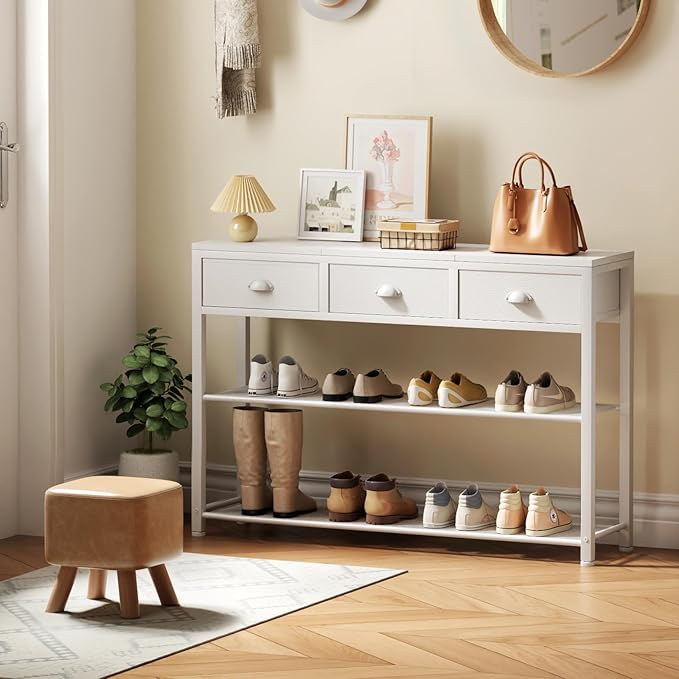 Furologee White Entryway Table, 38'' Console Sofa Table with 3 Fabric Drawers, Industrial Entry Way Table with Storage Shelves, Display Shelf for Living Room, Hallway, Entrance, Foyer-NeatNest