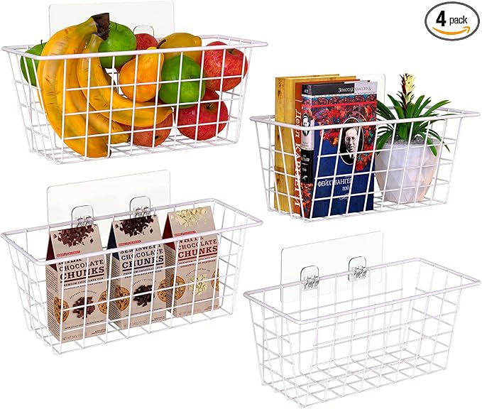 MaraFansie Wall Wire Baskets Adhesive Basket Hanging Kitchen Baskets No Drilling for Cabinet & Pantry Organization and Kitchen, Bathroom, Bedroom Storage, 4 Pack, White-NeatNest