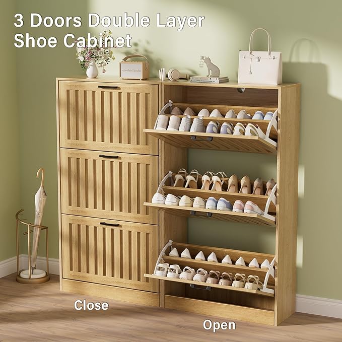 Shoe Storage Cabinet for Entryway with 3 Flip Drawers, Wooden Shoe Organizer with Adjustable Shelf, Freestanding Wood Fluted Panel Shoes Cabinet Closed Shoe Rack for Hallway, Foyer, Nature Oak-NeatNest
