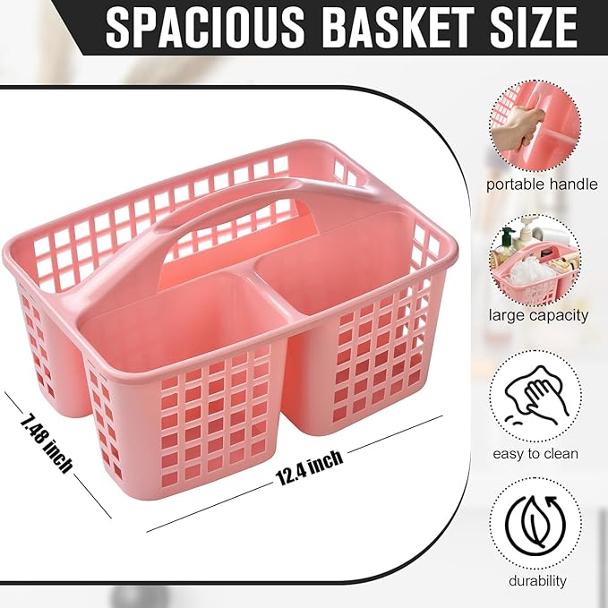 Haundry Plastic Shower Caddy Basket with 3 Compartments, Portable Divided Cleaning Supply Storage Organizer with Handle (Pink)-NeatNest