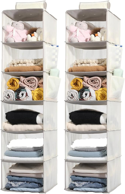 2 Packs Hanging Closet Organizer Storage, 6-Shelf Hanging Shelves for Closet, Closet Clothes Organizer and Storage with Side Pockets, Beige-NeatNest