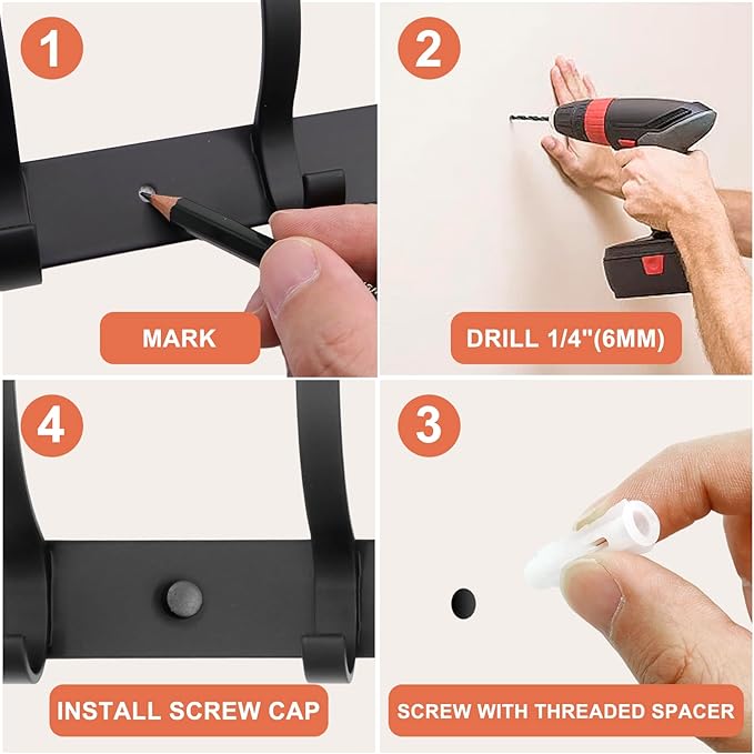 Coat Rack Wall Mounted,6 Coat Hooks for Hanging Coats,Metal Double Hook Rack Hook Rail,Coat Rack with Hooks,Wall Mount Coat Hanger for Hat Towel Purse Robes (2 Pack Black, 6 Hooks)-NeatNest