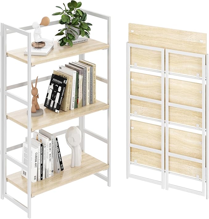 BHG Vintage Multifunctional Folding Bookshelf, No-Assembly Plant Stand Storage Rack Shelves for Home Office (White, 3-Tier)-NeatNest