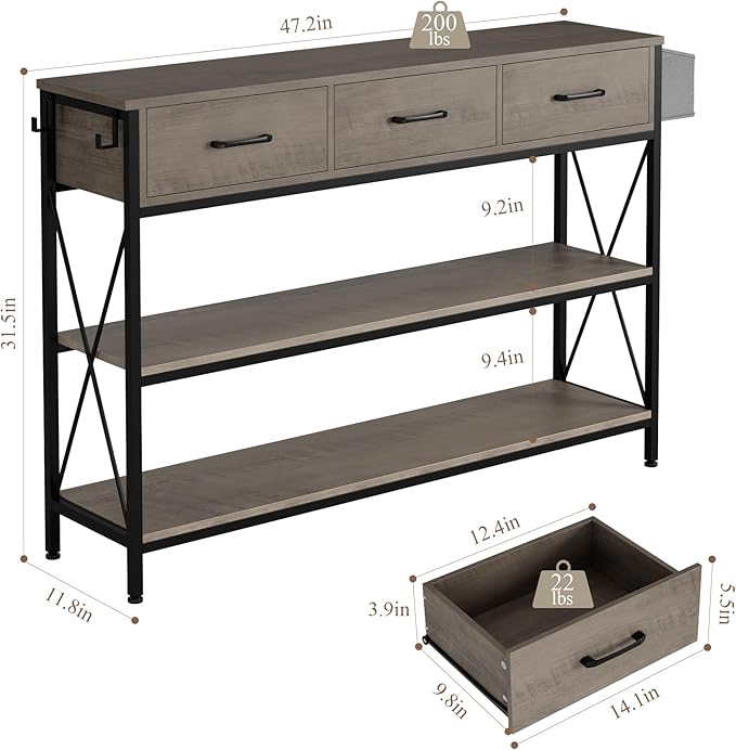 HITHOS 47.2" Long Console Table with 3 Drawers and 3-Tier Storage Shelves, Industrial Sofa Table for Living Room Entry Way-NeatNest