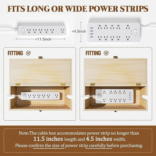 Cable Management Box, Cable Organizer Box Safe for Kids and Pets, 2 Open Slots Cords Hider Box for Power Strips, Computer Router, USB Hub 12.5" x 5.1" x 5.5", Natural-NeatNest