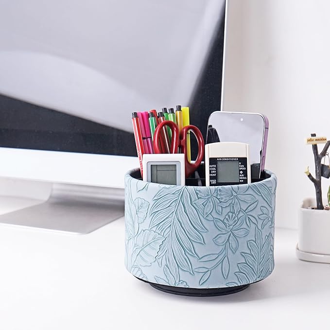 Hennaja Round Leather Art Supply Organizer,Remote Control Holder,360 Degree Spinning,Multi-Functional Pencil Holder,4 Compartments Desktop Stationary Organizer(1-Carved Light Blue)-NeatNest