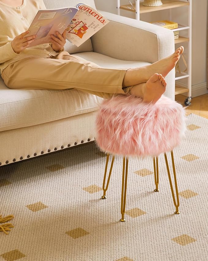 IBUYKE Round Faux Fur Vanity Stool with Storage, Furry Makeup Chair Ottoman, Soft Padded Seat, Round Footrest Footstools with 4 Metal Legs, for Living Room Bedroom Entryway, Pink WBD021P