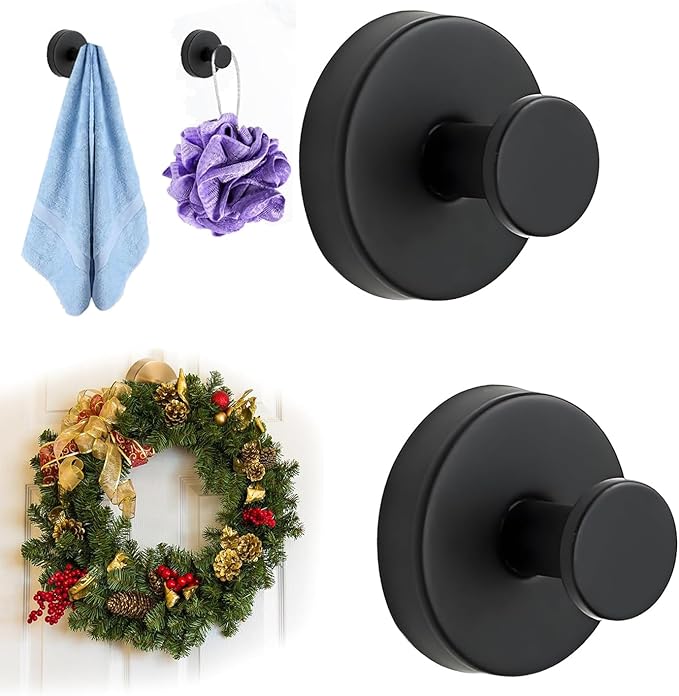 Suction Cup Hooks for Wreaths on Glass, 2026 NEW No Drill Suction Cup Hooks for Shower Towels, Strong Suction Cup Wreath Hanger Holder for Front Door Glass Window Mirror Bathroom Wall (2, Black)