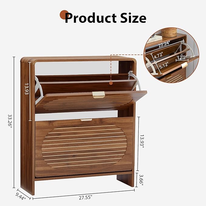Narrow Shoe Storage Cabinet for Entryway with 2 Flip Drawers, Freestanding Wood Shoe Cabinet with Arched Stripe Panel, Curved Edge Shoe Organizer Closed Shoe Rack for Hallway, Foyer (Walnut)-NeatNest