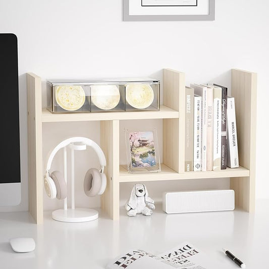 Jerry & Maggie Desktop Organizer Office Storage Rack Adjustable Wood Display Shelf Free Style Double H, Multi-Functional Mini Bookshelf for Desk Natural Stand (White Wood Tone)-NeatNest