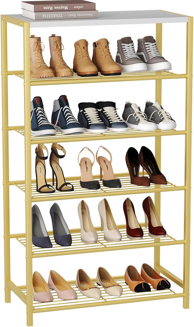 HOMEFORT Shoe Rack 6-Tier, Shoe Storage Shelf, Industrial Shoe Tower, Narrow Shoe Organizer for Closet Entryway, Small Shoe Rack Table with Durable Metal Shelves,Gold-NeatNest