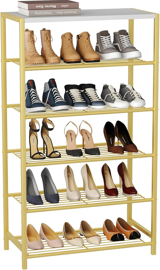 HOMEFORT Shoe Rack 6-Tier, Shoe Storage Shelf, Industrial Shoe Tower, Narrow Shoe Organizer for Closet Entryway, Small Shoe Rack Table with Durable Metal Shelves,Gold-NeatNest