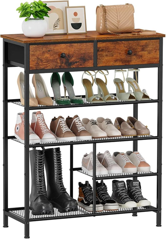 Snughome Shoe Rack, 5 Tier Shoe Storage Organizer with 2 Drawers, Shoe Storage Shelves with Sturdy Wooden Top and Metal Shelves, Free Standing Shoe Rack for Entryway Closet-NeatNest