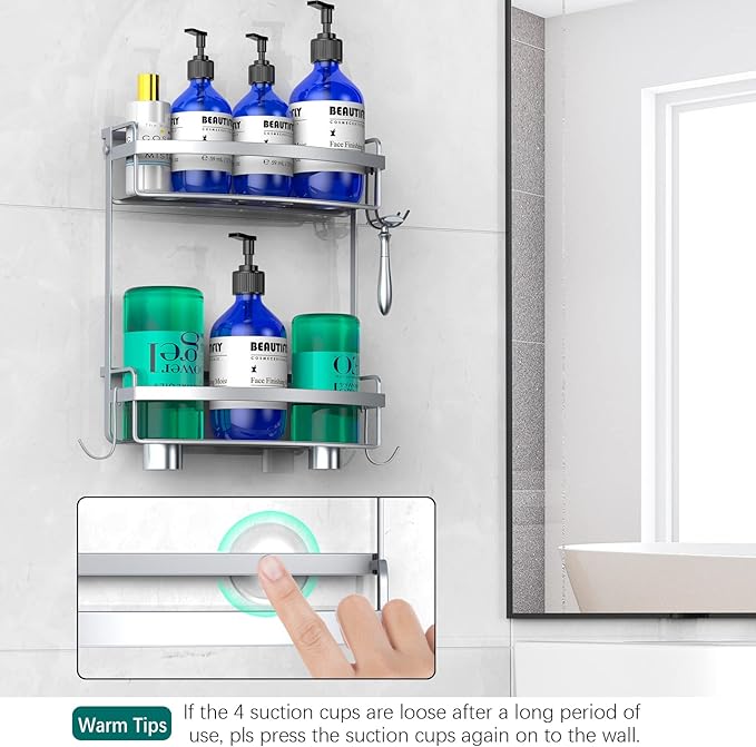 Meangood Shower Caddy Over Shower Head, Sliver Anti-Swing Hanging Shower Caddy with 4 Remove Hooks for Razor, Sponge, Towels Rustproof Shower Organizer for Bathroom Silver