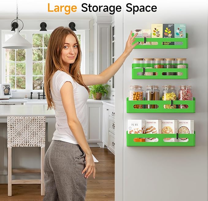 4 Pack Magnetic Spice Rack for Refrigerator, Spice Rack Organizer, Moveable Magnetic Shelf Fridge Organizer with 4 Hooks for Kitchen and Oven Organization, Green