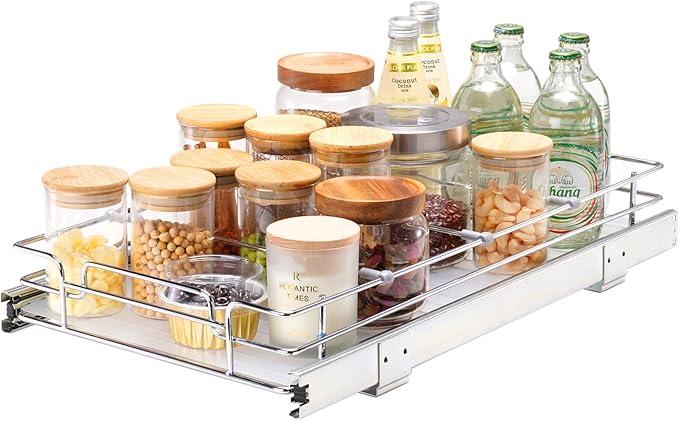 VEVOR 12.5"Wx21"Dx3.5"H Pull Out Cabinet Organizer, Heavy Duty Slide Out Pantry Shelves, Chrome-Plated Steel Roll Out Drawer, Drawer Storage for Home Under Sink, 14"Wx22"Dx7"H Install Size for Cabinet-NeatNest