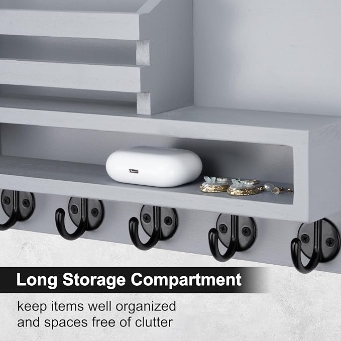 Key and Mail Holder Wall Mount, Key Hanger with Long Storage Box and 5 Hooks for Coat, Dog Leash, Home Decor Rack, House Accessories, Entry Way Organizer 11.8”W x 7.8”H x 3.2”D