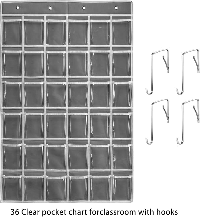 36 Clear Pockets Classroom Pocket Chart for Cell Phones and Calculator Holder, Pocket Chart for Classroom Phone Holder with Number Stickers and Hooks (Grey)-NeatNest