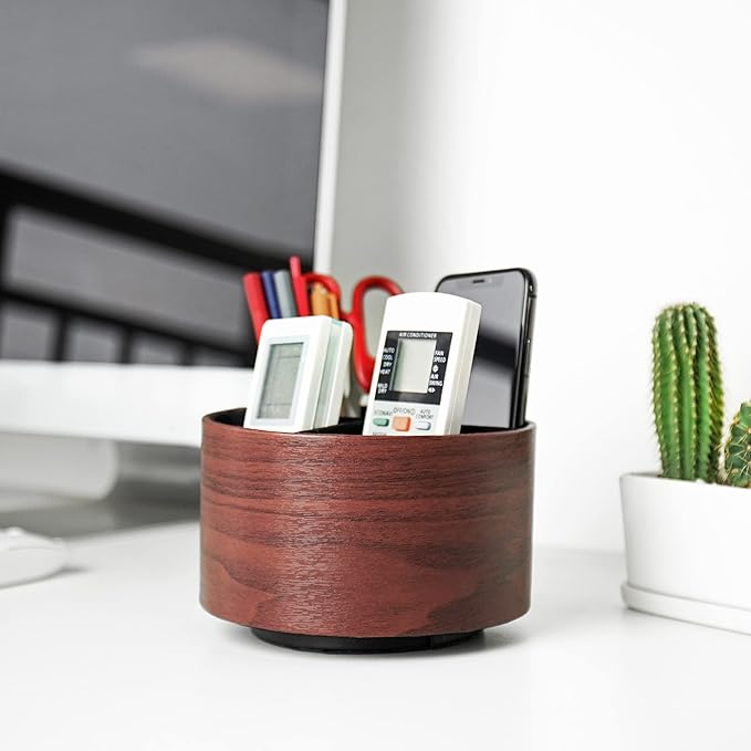 Hennaja Round Leather Art Supply Organizer,Remote Control Holder,360 Degree Spinning,Multi-Functional Pencil Holder,4 Compartments Desktop Stationary Organizer(1-Light Brown2)-NeatNest