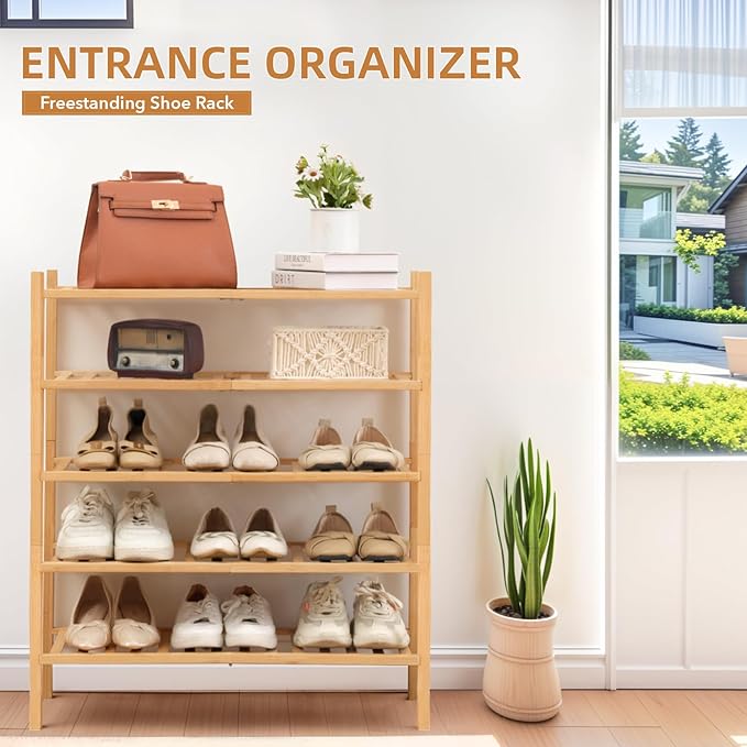 5 Tier Bamboo Shoe Rack Storage Organizer for Closet, Multifunctional Stackable Free Standing Shoe Shelf Organizer for Small Space,Entryway,Hallway,Bathroom 27"x11"x32"(Natural, 5 Tier)-NeatNest