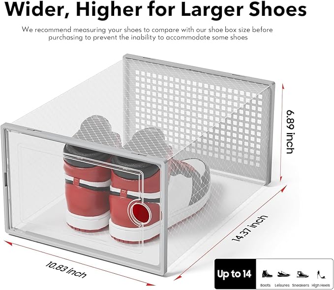 Kuject XX-Large Shoe Storage Boxes Organizers Clear Plastic Stackable 12 Pack, Shoe Rack & Holder Substitute, Sneaker Containers, Toy Storage Organizer Bins for Entryway, Closet, Under Bed, Grey-NeatNest