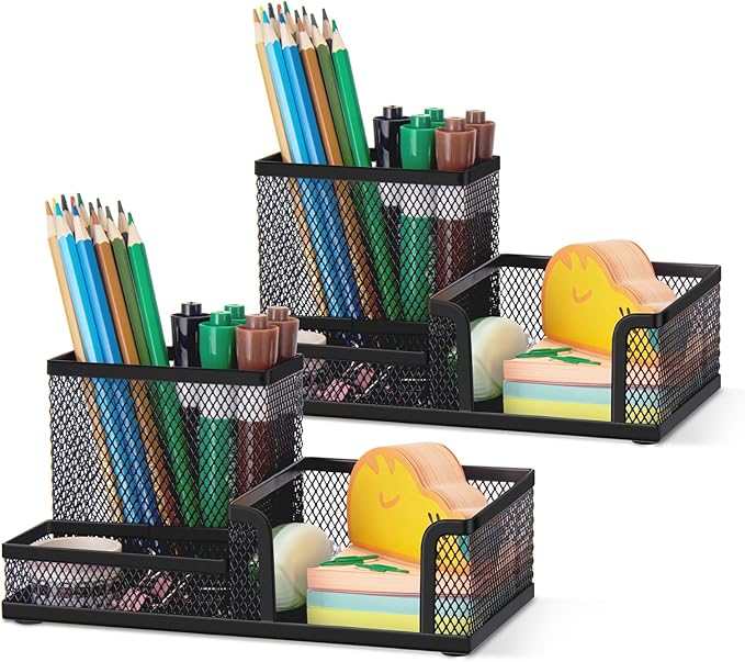 Comix Mesh Pen Pencil Holder Desk Organizer, 3 Compartment Wire Desktop Pen Pencil Cup Caddy Office Supplies Accessories for Home Office School, Black(2 Pack)-NeatNest