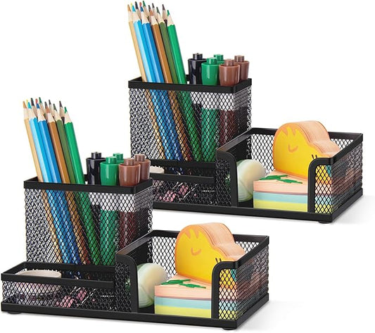 Comix Mesh Pen Pencil Holder Desk Organizer, 3 Compartment Wire Desktop Pen Pencil Cup Caddy Office Supplies Accessories for Home Office School, Black(2 Pack)-NeatNest