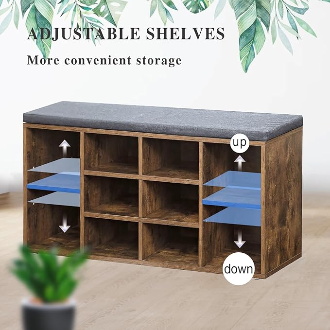 Shoe Storage Bench, Entryway Bench with Storage, 3-Tier Shoe Rack Bench 10 Cubbies Adjustable Shelves Shoe Organizer Shelf for Hallway Front Door Living Room Bedroom