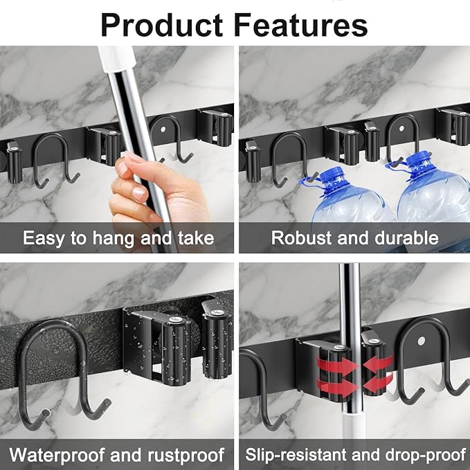 Broom Holder Wall Mount, 2 Packs Black Stainless Steel Tool Storage Organizer for Kitchen Garden Garage Laundry Room Bathroom and RV with 4 Slots 6 Hooks-NeatNest