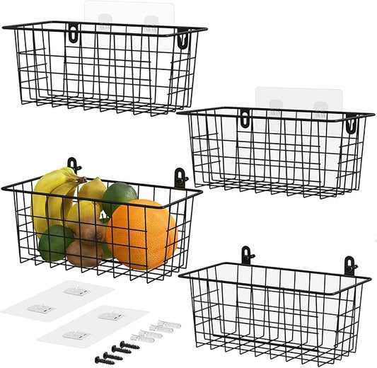 MaraFansie Hanging Wire Baskets Kitchen Storage Basket Adhesive and Screws Basket Over the Cabinet Door Organizer with Adhesive Strips and Screws Accessories, 2 Installations, 4 Pack, Black-NeatNest