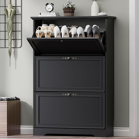 3 Flips Shoe Cabinet for Entryway, Narrow Shoe Storage Cabinet with Adjustable Shelves, Wooden Space-Saving Organizer and Rack for Foyer, Closet, Hallway