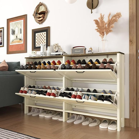 Shoe Cabinet with 4 Flip Drawers, Narrow Shoe Storage Cabinet, Freestanding Shoe Cabinet Organizer, Hidden Shoe Rack Cabinet for Entryway, Hallway (4-Drawers, Off White-Brown)-NeatNest