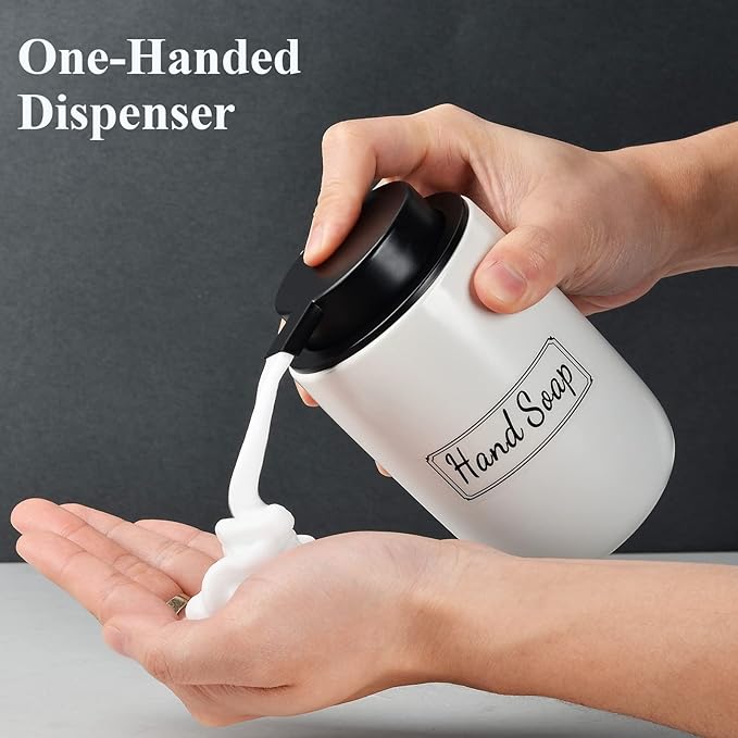 BosilunLife Foaming Soap Dispenser Set - White Ceramic Foam Hand Dispenser 12oz Soap Dispenser Set with Rust Proof Pump, 4Pcs Clear Stickers for Kitchen, Bathroom - 2 Pack-NeatNest