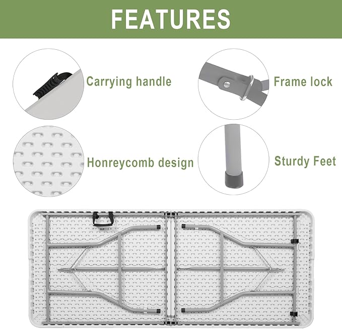 6FT Plastic Folding Table, Portable Picnic Table Outdoor, for Camping, Party, Wedding,Picnic, with Lock, Handle - White-NeatNest