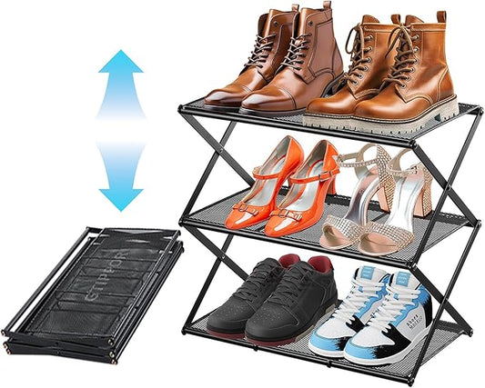 Small Shoe Rack for Entryway - 3 Tier Shoe Organizer Metal Foldable Shoes Storage Rack, Zero Tool Install, Sturdy Shoe Rack for Closet, Front Door Entrance, Living Room - Space Saving, Black-NeatNest