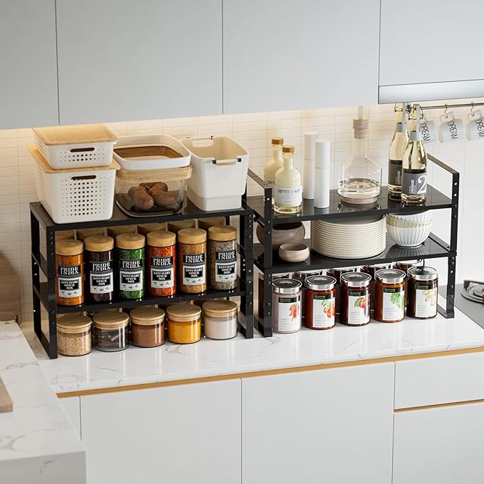 Expandable,Stackable Spice Rack,Seasoning Organizer and Storage,Spices Jar Racks for Cabinet,Countertop, Metal Pantry, Cupboard,Laundry Storages,Heavy Duty(1 Pack/Medium/Black)-NeatNest