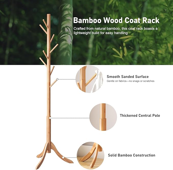 Coat Rack Freestanding, Bamboo Wood Coat Stand with 8 Hooks,3 Adjustable Size,Easy Assembly NO Tools Required, Coat Tree Hanger Stand for CoatsScarves in Hallway-NeatNest