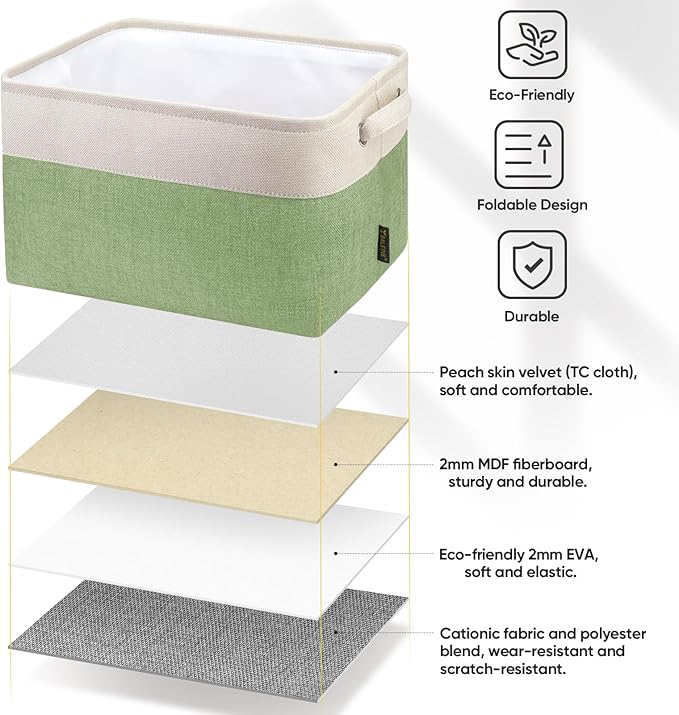 BALEINE 1 Pack Fabric Storage Bins for Shelves, Linen Storage Baskets for Organizing, Decorative Closet Bins for Clothes, Home (Green, 15''x11''x9.5'')-NeatNest