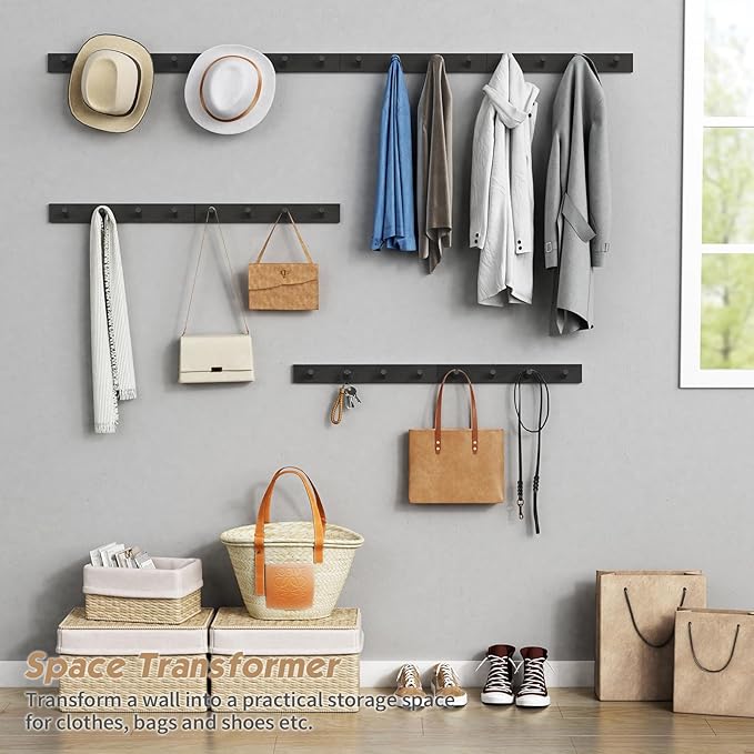 Forbena Black Coat Rack Wall Mount 4-Pack, Rustic Farmhouse Coat Hooks for Wall, Vertical Hanging Hat Rack for Office, Bedroom, Closet, Small Spaces, Kids Room Clothes, Entryway Shoes - 16 Pegs