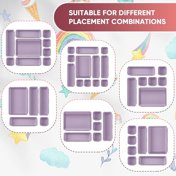 32 Pcs Desk Drawer Organizer Office Organization Tray Versatile Vanity Organizer with Nonslip Pads Makeup for Divider Drawer Storage Box Container for Kitchen Bedroom(Purple)