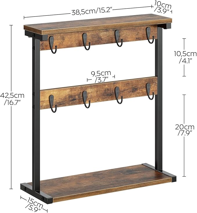 Coffee Mug Holder for Counter, 2 Tier Mug Tree Rack, with 8 Hook and 2 Open Shelves, Vintage Mug Holder Stand for Home Kitchen, Rustic Brown MH43BR-NeatNest