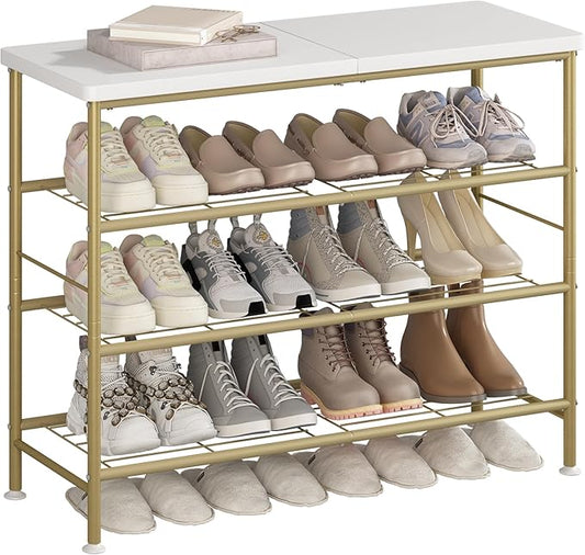 Shoe Rack Organizer 4 Tier for Closet Entryway Free Standing Metal Storage Shoe Shelf with MDF Top Board，Gold-NeatNest