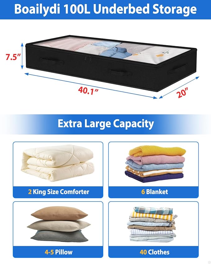 Under Bed Storage Containers Large 40" X 20" X 7.5" (No Support) Fabric Zipper Underbed Storage Bags, 100L Long Flat Foldable Storage Bins W/ Clear Lids For Clothes Blanket College Dorm, Black 4Pack-NeatNest
