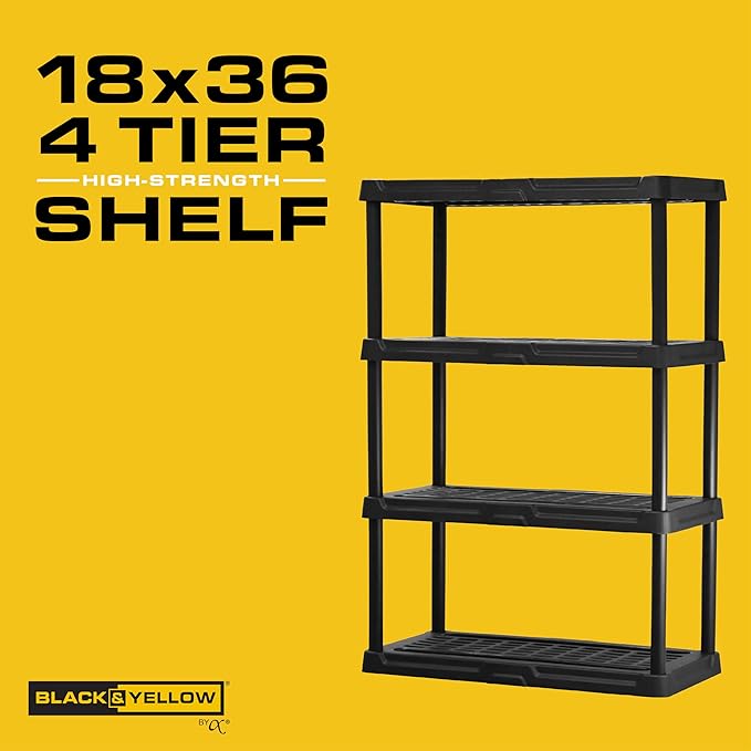 CX 4-Tier (53”H x 36”W x 18”D) Plastic Storage Shelving Unit (Black), Heavy Duty, 150lbs Per Shelf Capacity, Indoor/Outdoor Storage and Organization in Home, Garage, Office with Easy Assembly-NeatNest