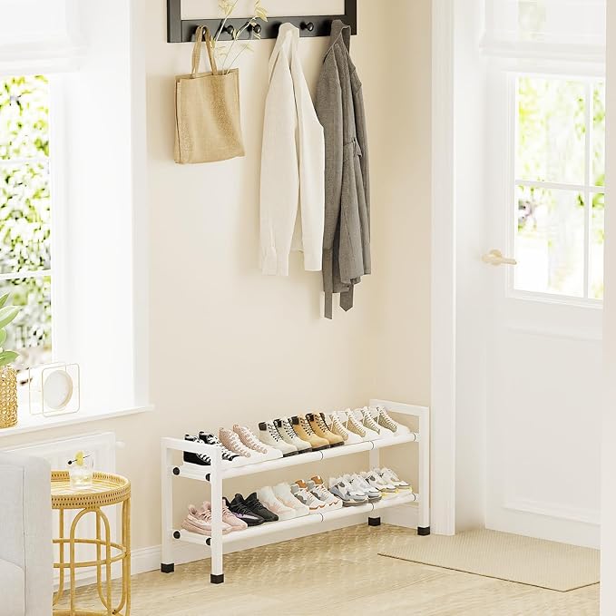 Mavivegue Expandable Shoe Rack, 2-Tier 19"-43.3" Adjustable Shoe Rack for Closet,Hall Entryway,Front Door,Garage, Sturdy Steel Space-Saving Rack, White-NeatNest