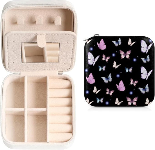 Butterfly Small Travel Jewelry Organizer, Necklace Box with Mirror, Leather Mini Travel Jewelry Case, Best Present for Women's and Girls-NeatNest