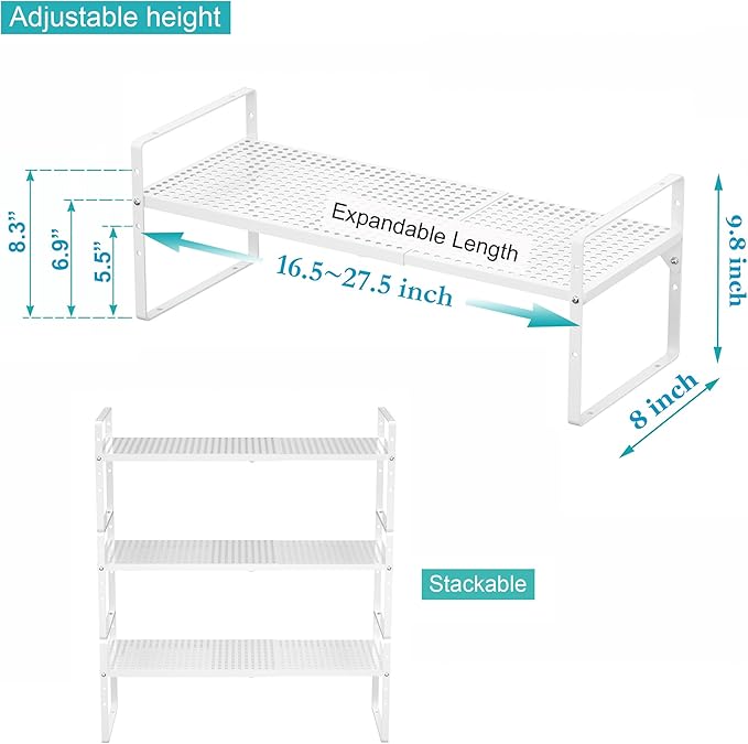 iPEGTOP Expandable Cabinet Storage Shelf Organizer Rack, Heavy Duty Stackable Steel Metal Spice Rack Adjustable Height Pantry Garage Shelf for Counter Kitchen Organization, White - 1 Pack-NeatNest