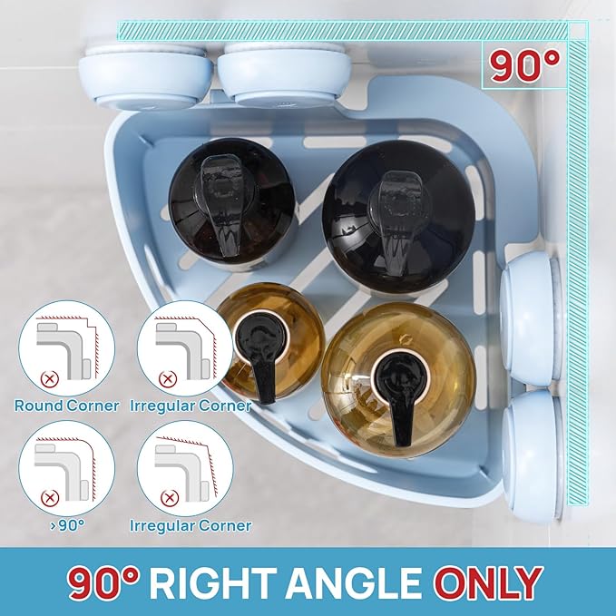 LEVERLOC Corner Shower Caddy Suction Cup, shower shelves suction cup, 2 Pack Basket Powerful Bathroom, Waterproof & Oil-proof Organizer for Kitchen, No-Drilling Removable (Blue)
